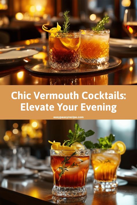 Two elegant vermouth cocktails garnished with herbs and citrus on a dimly lit upscale table setting. Vermouth Cocktails, Quick Sweets, Chic Dinner Party, Vermouth Cocktail, Easy Zucchini Recipes, Pot Recipes Healthy, Classic Martini, Krispie Treats Recipe, Easy Lunch Recipes