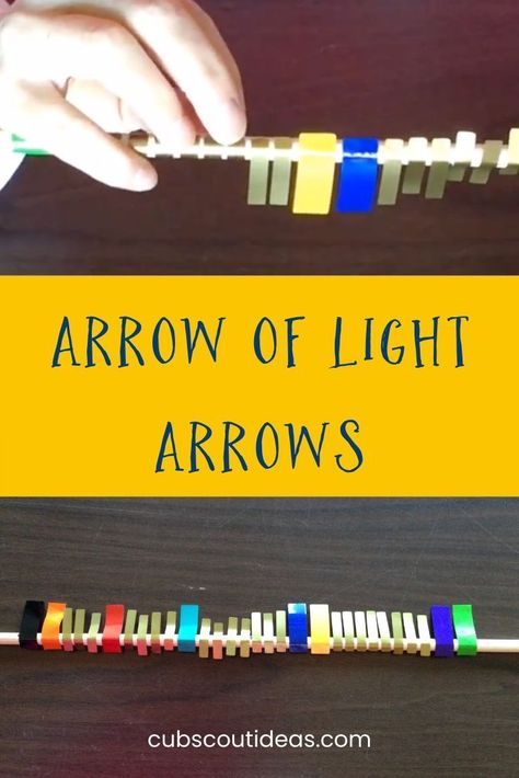 The Cub Scout Arrow of Light arrows striping details their Cub Scout career. Learn what the stripes mean and how to place them on the arrow's shaft using colors like blue, red, orange, green and more..   The Arrow of Light is Cub Scout's highest rank. In many packs, it's customary to honor Arrow of Light recipients with a plaque, a ceremonial arrow or both. #cubscoutideas #cubscouts #arrow Arrow Of Light Arrows, Boy Scout Games, Arrow Of Light Plaque, Arrow Of Light Ceremony, Arrow Of Light Award, Arrow Of Light, Wolf Scouts, Scout Games, Cub Scout Activities