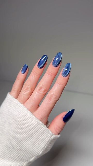 Amina on Instagram: "💙🐟🦋🔵🌀  using @gelcare.official  Sapphire   Gelcare discount code AMINA to save 15% off   link to the cat eye powder: https://amzn.to/3zVgnJr  #diynails #cateyenails #diycateyenails #nailartist" Light Blue Cateye Nails, Navy Blue Cat Eye Nails, Navy Cat Eye Nails, Cat Eye Blue Nails, Dark Blue Cat Eye Nails, Blue Cat Eye Nails Design, Blue Nails Cat Eye, Simple Nails Blue, Dark Cat Eye Nails