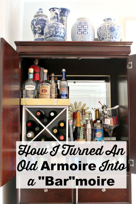 Liqour Cabinet, Bar Cabinet Decor, Small Armoire, Diy Bar Cabinet, Armoire Repurpose, Small Bars For Home, Armoire Bar, Bar Indoor, Armoire Makeover