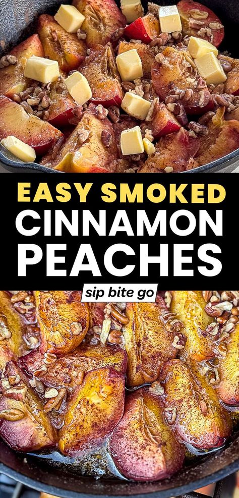 Craving a smoked dessert that will satisfy a sweet tooth? Try these easy Traeger smoked cinnamon peaches with honey and pecans – a simple yet decadent treat that’s perfect over ice cream or straight from the skillet! Smoked Peach Crisp, Desserts On Smoker, Traeger Dessert Recipes, Easy Traeger Recipes, Smoked Peaches, Candied Peaches, Smoked Dessert, Smoked Desserts, Bbq Deserts