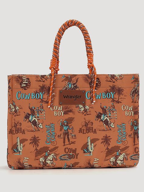 Aloha Cowboy Print Tote Bag | Women's ACCESSORIES | Wrangler® Surf Cowboy, Boot Scootin Boogie, Nashville Outfit, Cowboy Print, Wrangler Accessories, Retro Jeans, Round Handle, Western Aesthetic, Trends 2024