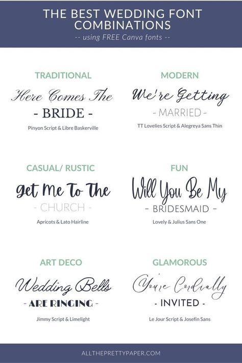 The best wedding font combinations for free on Canva Canva Fonts Combinations Wedding, Canva Script Font Pairings, Wedding Font Pairings Canva, Canva Font Pairing Wedding, Canva Wedding Font Combinations, Wedding Invitations Canva Diy, Wedding Invite Fonts, Wedding Font Combinations, Wedding Font Pairings