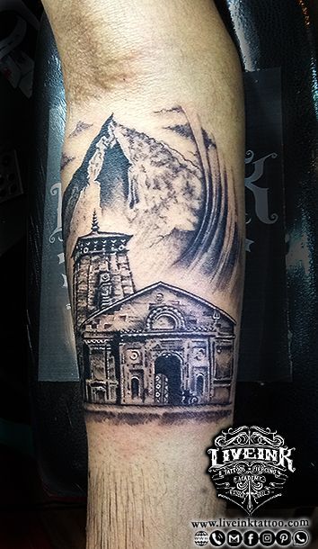 Kedarnath shiv temple tattoo design Temple Tattoo Design, Virat Kohli Tattoo, Shiv Temple, Kedarnath Temple, Temple Tattoo, Mahadev Tattoo, Tattoos To Cover Scars, Shiva Tattoo Design, Epic Tattoo