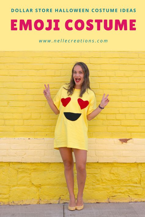 Dollar Store Halloween Costume Ideas Emoji Emoji Halloween Costume, Emoji Costume, Emoji Shirt, Dollar Store Halloween, Mom Lifestyle, Kate Spade Inspired, Costume Tutorial, Homemade Halloween, What Am I