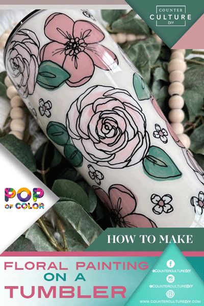 Hand Painted Floral Tumblers, Hand Painted Tumblers, Glitter Tumbler Ideas Diy, Tumbler Design Ideas, Painting With Chalk Paint, Painting With Chalk, Painted Tumblers, Pen Projects, Color Paints