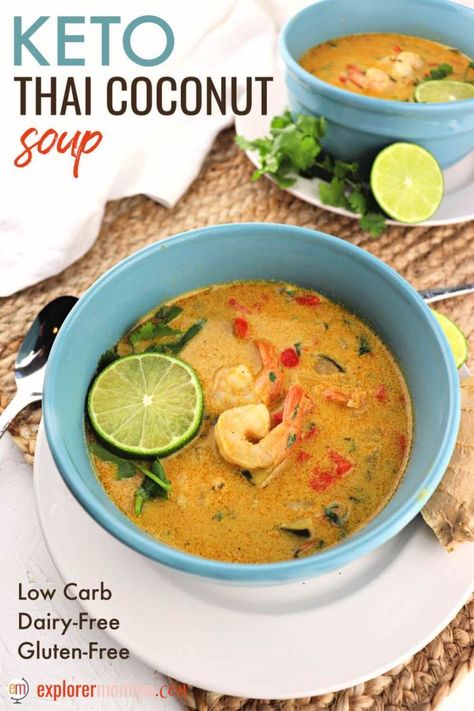 Keto Thai Coconut Soup is perfectly balanced low carb delight with shrimp, lemongrass, lime, ginger, coconut milk, red curry and more. Dairy-free and gluten-free, it's delicious and versatile for Lent or days when you want to head to Thailand. #lowcarbsoup #ketosoup Keto Thai Curry, Thai Curry Recipe, Soup Keto, Thai Coconut Soup, Dairy Free Soup, Thai Soup, Coconut Soup, Thai Coconut, Keto Soup