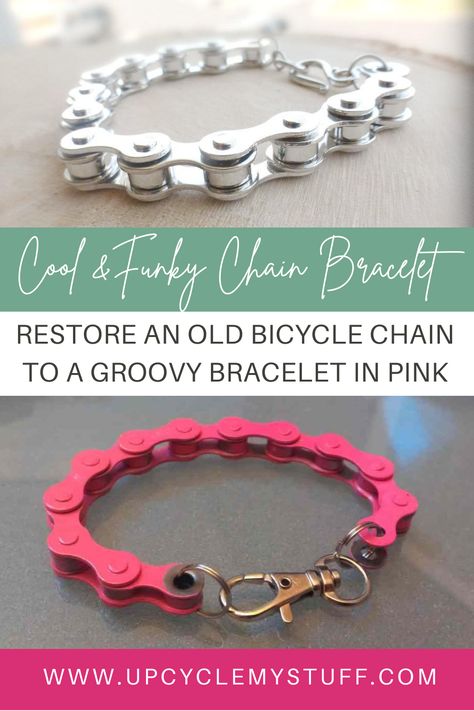 Upcycle Accessories Diy, Useful Upcycled Crafts, Jewelry Made From Hardware, Recycled Bike Parts Diy Ideas, Bicycle Chain Crafts, Bicycle Chain Jewelry, Bike Chain Jewelry, Diy Nuts And Bolts Crafts, Punk Bracelets Diy