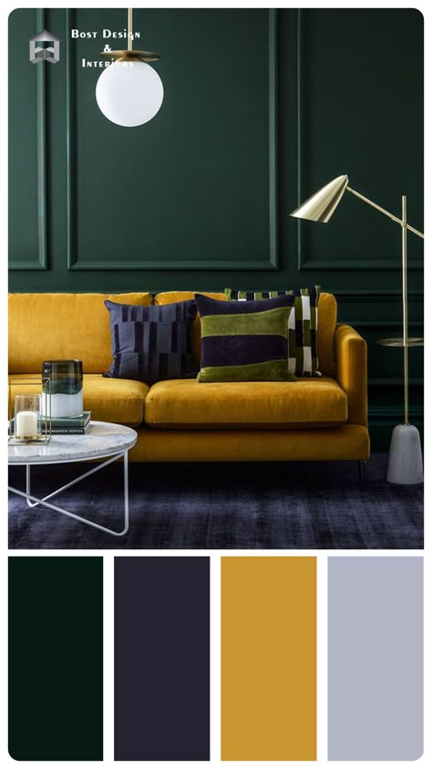 Dark Blue Yellow Living Room, Dark Green And Yellow Kitchen, Dark Green Colour Palette Living Rooms, Dark Green And Mustard Living Room, Dark Blue Green Yellow Color Palette, Dark Green And Yellow Living Room, Nigerian Living Room Designs, Yellow Interior Design Living Room, Bottle Green Color Combination