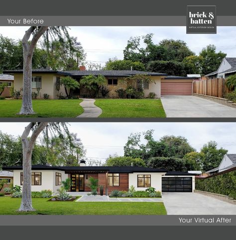 A few updates that really gives this modern contemporary home a ton more character!  We enhanced the current style of this house by adding new paint color by @Benjaminmoore on the brick surface along with great wooden features for texture.The new garage door is a great feature on this house adding the right amount of depth and contrast along with a ton of upfront interest.The clean cut black grid windows from @MarvinWindows adds finishing touches making this home look alive and inviting! Exterior Accent Wall Curb Appeal, Single Story Landscaping, Modern Brick Ranch Exterior, Modern Exterior Bungalow, Adding Windows To House, Black Grid Windows, California Ranch Style Homes Exterior, Ranch Style Remodel, Modern Ranch Exterior