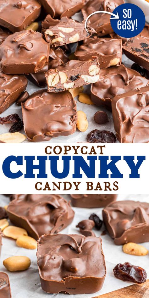 These homemade Chunky Candy Bars are loaded with salty roasted peanuts, raisins, and rich chocolate in every bite and they’re super simple to put together. Homemade Chunky Candy Bars, Homemade Chocolate Candy Bars, Chunky Candy Bar Recipe, Mounds Bars Recipe, Favorite Deserts, Ice Cube Tray Chocolates, English Toffee Recipe, Homemade Chocolate Candy, Chunky Bar