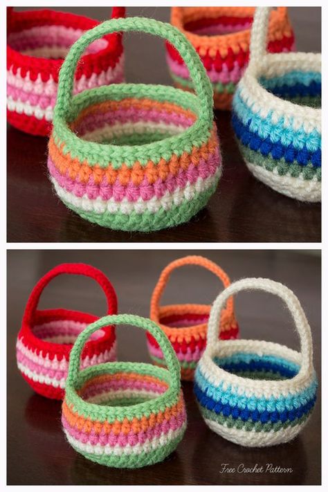 10 Mini Easter Basket Free Crochet Patterns - DIY Magazine Mini Easter Basket Crochet, Crochet Basket Easter, Quick Easter Crochet, Mini Crochet Easter Basket, Diy Mini Easter Baskets, Easter Crochet Patterns Free Baskets, Crochet Mini Easter Basket Free Pattern, Crochet Mini Baskets, Crochet Easter Bag