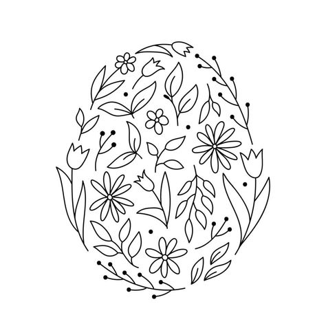 Floral elements in the shape of an Easter egg. Daisies, tulips, spring twigs and leaves in doodle style. Vector hand-drawn illustration. Template for the design of greeting cards, invitations, covers. Easter Egg Pattern Design, Easter Line Drawings, Easter Embroidery Patterns Free, Easter Bunny Doodle, Easter Egg Drawing Design, Spring Embroidery Designs, Easter Egg Designs Patterns, Easter Egg Drawing Ideas, Easter Drawings Easy