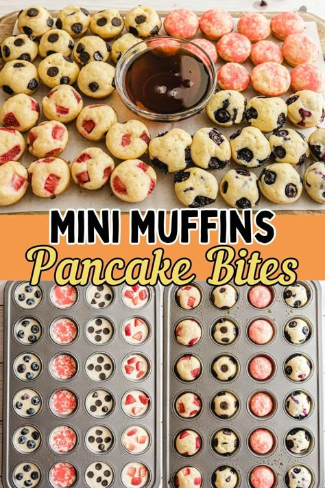 Pancake Muffins made in a mini-muffin pan and topped with your favorite toppings then baked in the oven! A fun twist on a classic pancake recipe! All you need to make these tasty bite-sized min pancake muffins are a muffin tin and a few pantry staples like flour, sugar, eggs, and milk. This is a fun, yet easy, option for your next breakfast or brunch, and they are baked in the oven! Then top them off with your favorite toppings like chocolate chips to fruit to powdered sugar to sprinkles! Baked Mini Pancakes Muffin Tins, Princess Recipes, To Go Recipes, Mini Pancake Muffins, Mini Muffin Tin Recipes, Muffin Bites, Classic Pancake Recipe, Muffin Cups Recipes, Mini Muffin Recipe