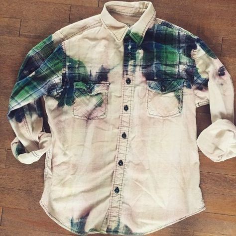 Bleached Flannel Shirt, Bleached Flannel, Diy Denim Jacket, Fancy Shirt, Upcycle Shirt, Plaid Shirts, Flannel Shirts, Tie Dye Shirts, Denim Diy