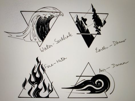 Four triangle on the page with two of them inverted and two of them straight. The inverted one without a horizontal line across it is WATER with a wave bigger than the triangle. The inverted triangle with a horizontal line across it is EARTH with three ragged stone mountains. The straight triangle without a horizontal line across is FIRE which has flames and the straight triangle with the line is AIR with a gust of wind drawn inside the triangle. Triangle Fire Tattoo, Fire Water Matching Tattoos, Earth Wind Fire Air Tattoo, Element Air Tattoo, Four Elements Tattoo Design, Air And Water Tattoo, Fire And Rain Tattoo, Fire And Earth Tattoo, Fire Earth Tattoo