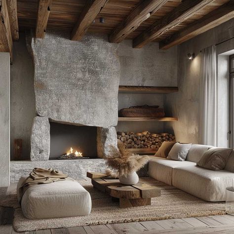 Bright and Airy Fireplace Wall Ideas for Scandinavian Interiors • 333+ Art Images Old Fireplace Ideas, Asymmetrical Fireplace, Ideas For Fireplaces, Two Way Fireplace, Chalet Fireplace, Mountain Homes Interiors, Boho Cabin Decor, Fireplace Wall Ideas, Big Fireplace