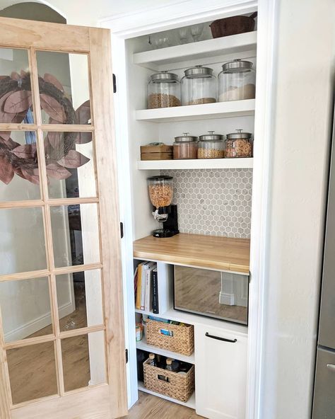 Brooke on Instagram: “Our pantry before and after has to be one of our favorite transformations! It is finally functional AND beautiful! And the French door…” Pantry With Curtain Door, Update Pantry Door, Small Pantry Upgrade, Pantry Before And After, Painting Pantry Door, Costco Door In Pantry, Small Pantry Door, Tiny Pantry, Open Pantry