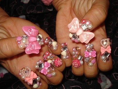 NailsByStephanie: Japanese Kawaii Harajuku Nail Art. What's more kawaii than pink, pearls and bows? Crazy Nail Designs, Japanese Nail Art, Cute Acrylic Nail Designs, Crazy Nails, Japanese Nails, Nails Polish, Kawaii Nails, Nail Polish Designs, 3d Nail Art