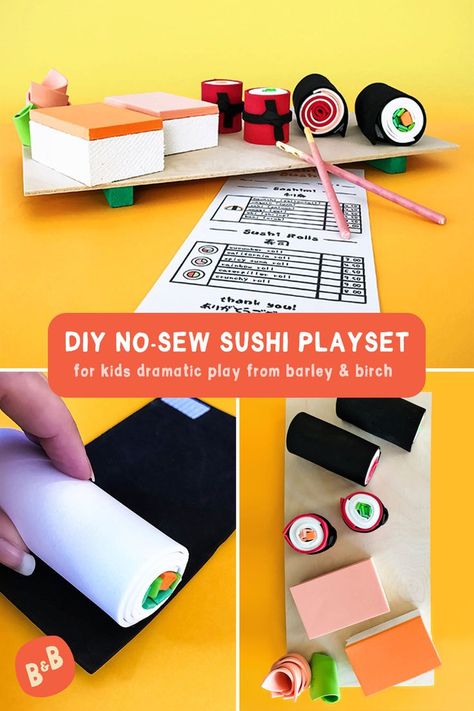 Process photos showing how to make a DIY sushi play set for kids dramatic play and kitchen and restaraunt role-play. Easy Diy Sushi, Kitchen Dramatic Play, Sushi For Kids, Sushi Wrap, Diy Sushi, Pretend Kitchen, Restaurant Themes, World Thinking Day, Pretend Play Food