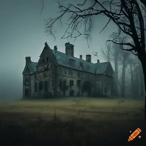 A haunting gothic house surrounded by misty moors on Craiyon Victorian Steampunk, Gothic House, Unique Image, Art Model, Detailed Image, Blue Color