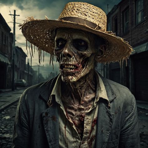 Mysterious zombie man with torn clothes and straw hat 3 Half Zombie Half Human, Zombie Man, Torn Clothes, Design Ad, Straw Hat, Product Design, Zombie, Straw, Human