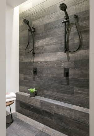 Duel shower heads for the guests? Maybe... But that ledge looks like the perfect height for shaving legs! The tiling is a bit too drab though. Shower Step, Tiled Bathroom, Show Homes, Bathroom Big, Elegant Bath, Master Shower, House Construction, Shower Niche, Upstairs Bathrooms