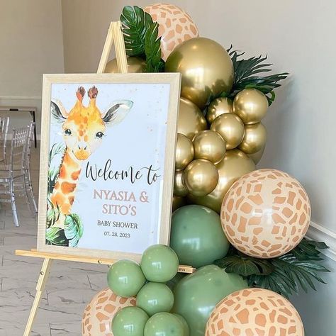 Balloon Decoration | Party Rental Shop on Instagram: "Baby Shower Giraffe 🦒  . Venue: @1stlovect  . #babyshower #giraffebaby #giraffebabyshower #babyboy #giraffethemeparty #babyshowerjirafa #babyshowerideas #safaribaby #babyshowersafari #safaribabyshower #wildbabyshower #ctballoonartist #ctballoons #manchesterct #newingtonct #connecticut #love #happy #babyontheway" Giraffe Theme Baby Shower Ideas, Giraffe Themed Baby Shower Ideas, Giraffe Baby Shower Centerpieces, Decoracion Baby Shower Safari, Giraffe Shower Ideas, Pink Safari Baby Shower Balloons, Baby Shower Giraffe Theme, Giraffe Baby Shower Theme, Wild Baby Shower