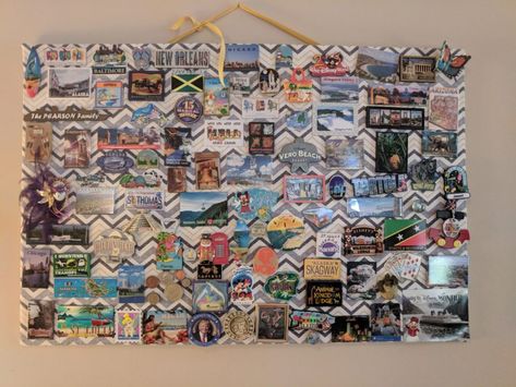 I have collected souvenir magnets for years.  It is a fairly inexpensive way to remember our travels. I created a DIY Magnet Display Board. Travel Magnets Display, Travel Magnets Display Ideas, Travel Magnet Display Ideas, Stickers Collection Display, Magnet Display Board, Magnet Display, Diy Magnet Board, Travel Magnets, Scrabble Tile Crafts