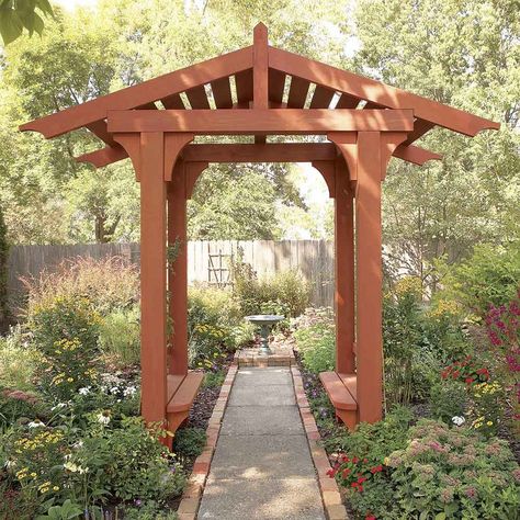 Add Interest with a Garden Arbor Backyard Entertaining Space, Terrace Roof, Outdoor Woodworking Projects, Pergola Diy, Relaxing Backyard, Roof Extension, Patio Cover, Garden Arbor, Wooden Pergola