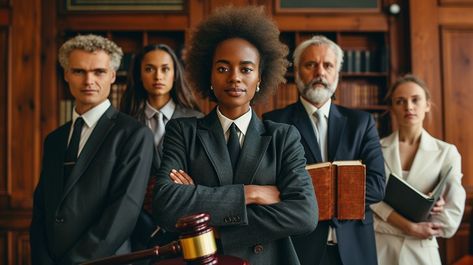 StockCake Diverse group of confident lawyers standing together in a courtroom, displaying professionalism and determination. Team Photoshoot, Group Of Five, Professional Attire, Creative Words, Well Dressed, Lawyer, Royalty Free Images, High Quality Images, Confidence