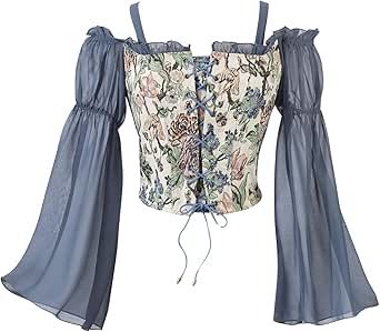 Lace-Up Corset Tapestry Top for Women, Sheer Bell Sleeves, Off Shoulder Bustier Blouse Off Shoulder Corset Top, Off Shoulder Bustier, Ball Outfit Ideas, Bustier Blouse, Ball Outfit, Period Fashion, Ren Fest, Sewing Instructions, Corset Lace