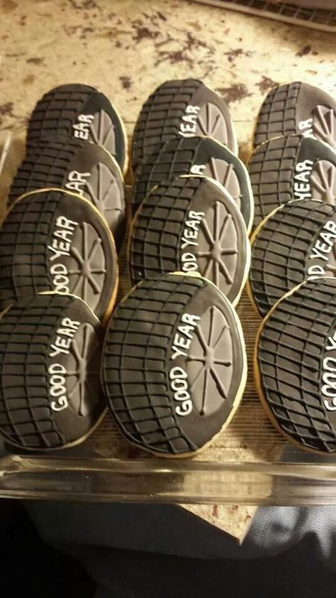 Goodyear Tires by Chikitasweetcreation Tire Cookies, Tire Cookies Decorated, 4 Wheeler Cookies Decorated, Tire Cupcakes, Truck Driver Cookies Decorated, Classic Car Cookies Decorated, Monster Truck Cookies, Car Cookies, Thank You Cookies