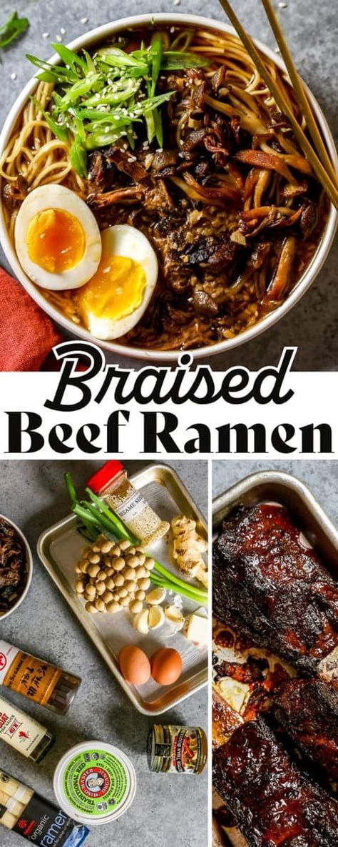 Enjoy the cozy and savory flavors of Beef Ramen made with braised beef short ribs, browned mushrooms and an ultra-savory broth. Top with jammy 6-minute eggs for the ultimate beef ramen at home. Shredded Beef Ramen, Mushroom Ramen Soup, Beef Ramen Recipe, Beef Ramen Noodle Recipes, Ramen At Home, Ramen Soup Recipes, Beef Ramen, Ramen Toppings, Braised Beef Short Ribs