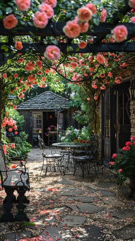 Serene garden pathway lined with pink and red roses, leading to a seating area under a floral archway. Ideal for a peaceful retreat in a romantic garden setting. French Rose Garden, Rose Garden Ideas Backyards, Garden Alcove, French Cottage Garden, Pink And Red Roses, Cozy Seating Area, Floral Archway, Intimate Gathering, Serene Garden