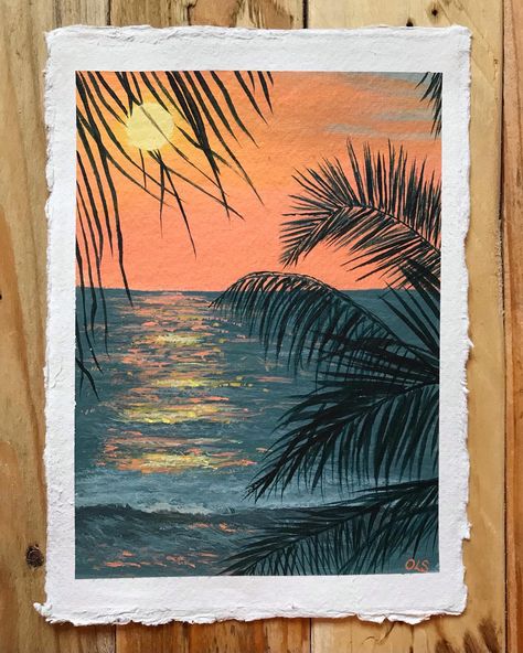 Sunset With Palm Trees Painting, Palm Tree Leaves Drawing, Green And Orange Art, Apartment Motivation, Palm Tree Painting Acrylic, Sea Scapes Paintings, Sea Painting Acrylic, Palm Painting, Sunrise Drawing