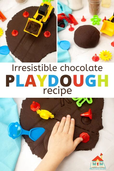 Irresistible Chocolate Playdough Recipe - Stay At Home Educator Chocolate Playdough Recipe, Brown Playdough, Chocolate Playdough, Chocolate Play Dough, Preschool Playdough, Cooked Playdough, Sensory Dough, Measuring Cups And Spoons, Playdough Recipe