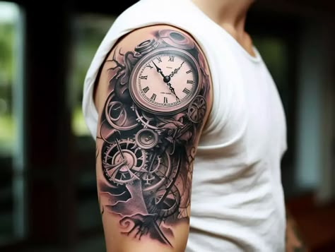 Clock Tattoo Meaning and Significance: A Timeless Journey Clock With Chain Tattoo, Clock Arm Tattoo For Men, Unique Clock Tattoos, Time Is A Thief Tattoo, Clock Tattoos Men, Compass And Clock Tattoo Ideas, Clock Tower Tattoo, Father Time Tattoo, Hospital Tattoo