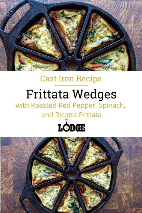 Did you know the Lodge Cast Iron Wedge Pan is the perfect vessel for single-serve frittatas? And with this recipe, each bite finds a crunch of spinach, creamy ricotta, sweet and salty gruyere, and a hint of red pepper. Your breakfast game just got a boost. Cast Iron Wedge Pan Recipes, Lodge Pans, Iron Skillet Breakfast Recipes, Lodge Recipes, Iron Skillet Breakfast, Yummy Egg Recipes, Iron Meals, Cast Iron Muffin Pan, Ricotta Frittata