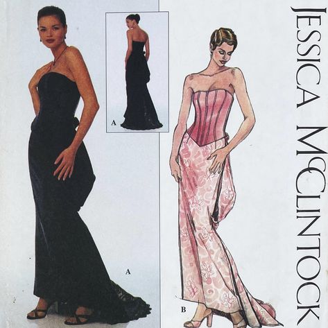 Simplicity 8991 - Jessica McClintock 1990s Strapless Gown with Fishtail Bustle Skirt - Size 4-10 (29.5-32.5") - Cut to Size 10 by VintageAnderburg on Etsy Folded Envelope, Bustle Skirt, Boned Bodice, British Fashion Awards, Couture Mode, Fabric Roses, Jessica Mcclintock, Strapless Gown, Mermaid Skirt