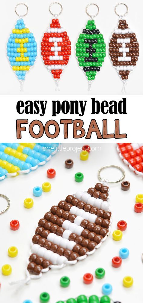 Celebrate the Super Bowl with this pony bead football! Make a football keychain in your favourite team's colours - it's SO EASY! You only need a few simple supplies to make this sports craft for kids of all ages, and it looks so fun hanging on a bag or backpack. This is such a fun Super Bowl craft and a great craft for boys and girls. Pony Beads Patterns Easy, Pony Bead Christmas Ornaments Diy, Superhero Diy Crafts, Pony Bead Melting Crafts, Beading Crafts For Kids, Bead Buddies Patterns Easy, Pony Bead Animal Keychains, Pony Bead Templates, Crafts To Make With Beads