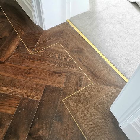 Engineered Herringbone With Brass border l Parquet flooring with borders l Forte Flooring Parquet Flooring With Border, Double Herringbone, Inlay Flooring, Transition Flooring, Transition Strips, House Upgrades, Amtico Flooring, Parquet Floor, Door Thresholds