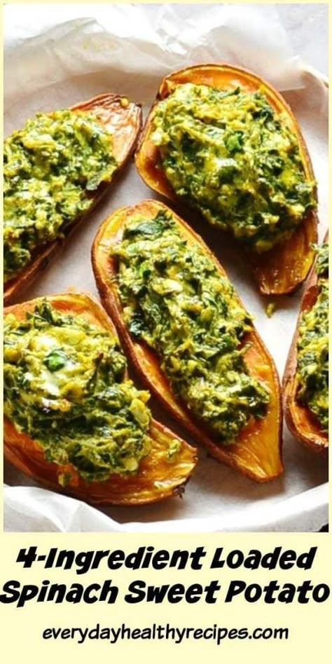 Potatoes With Spinach, Sweet Potato Vegetarian, Spinach Sweet Potato, Vegetarian Snack, Veggie Dinners, Vegan Spinach, Drink Inspiration, Stuffed Sweet Potatoes, Sweet Potato Skins