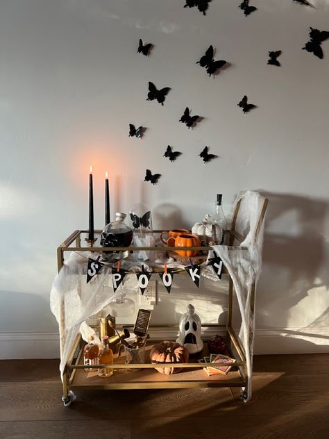 Spooky Bar Cart, Halloween Bar Cart Decor, Spooky Bar, Fall Bar Cart, Lash Cart, Halloween Bar Cart, Bar Cart Ideas, Coffee Bar Cart, Time Aesthetic