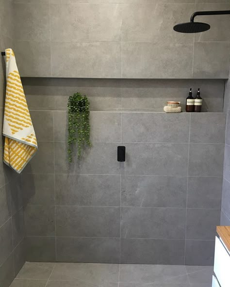 Dark Grey Tile Bathroom, Black Tapware, Gray Shower Tile, Concrete Shower, Dark Grey Tile, Dark Gray Bathroom, Grey Wall Tiles, Trendy Bathroom Tiles, Grey Bathroom Tiles