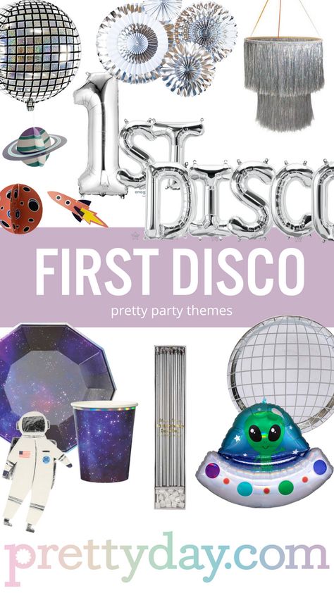 Plan an Amazing First Disco Party! – Paper & Parties Disco 1st Birthday, Disco 1st Birthday Party, Disco First Birthday Party, 70s Party Ideas, 1970s Party Theme, Boy Birthday Theme, Birthday Disco, Space Disco, 1970s Party