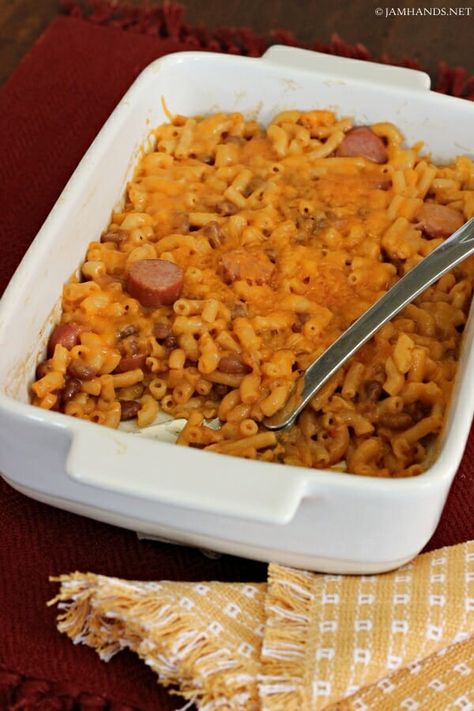 Macaroni Franks and Beans Casserole - Jam Hands Leftover Macaroni, Leftover Mac And Cheese, Franks And Beans, Poor Mans Recipes, Baked Bean Casserole, Hot Dog Casserole, Macaroni Casserole, Family Favorite Recipes, Mac And Cheese Casserole