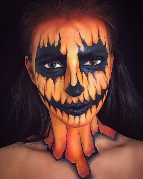 Adult Pumpkin Costume, Pumpkin Makeup Ideas, Face Pant, Easy Halloween Face Painting, Halloween Face Painting, Pumpkin Makeup, Pumpkin Face Paint, Pumpkin Paint, Cool Halloween Makeup