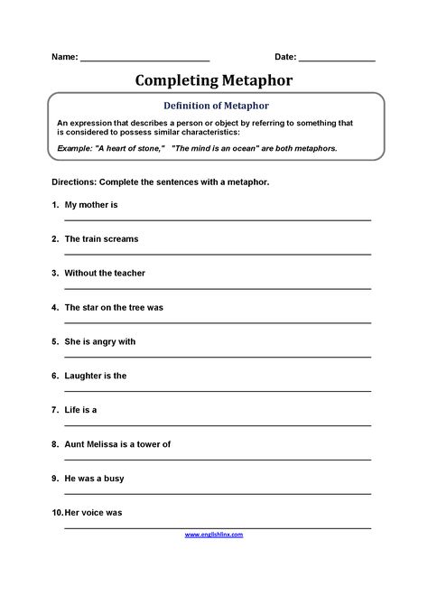 Figurative Language Worksheets | Metaphor Worksheets Metaphor Worksheet, Metaphor Activities, Figurative Language Worksheet, Similes And Metaphors, Language Worksheets, Primary Education, 12th Grade, Figurative Language, Common Core