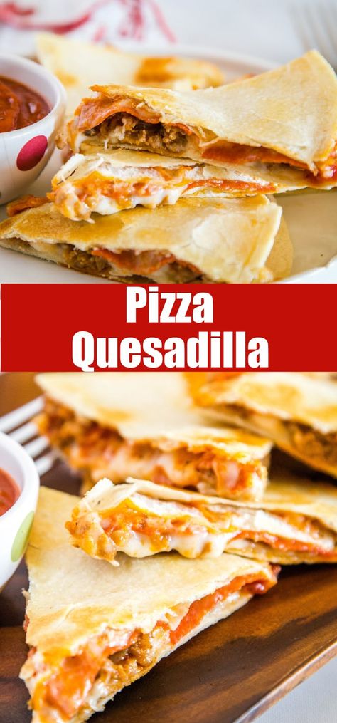 Pizza Quesadilla - Turn your favorite pizza into a quesadilla for a quick and easy dinner tonight!  Fill with pepperoni, sausage, peppers, black olives, or whatever your favorite is! Pizza Quesadilla, Quesadilla Recipes Easy, Pizza Grilled Cheese, Sausage Peppers, Quesadilla Recipe, Quesadilla Recipes, Food Stamps, Your Favorite, Black Olives